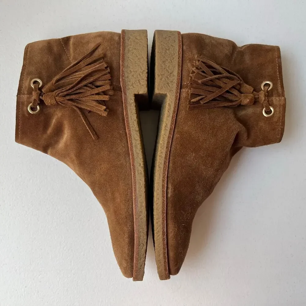 Kate Spade Size 8 Bellamy Ankle Boots Tan Suede Fringe Tassel Side Zip Neutral